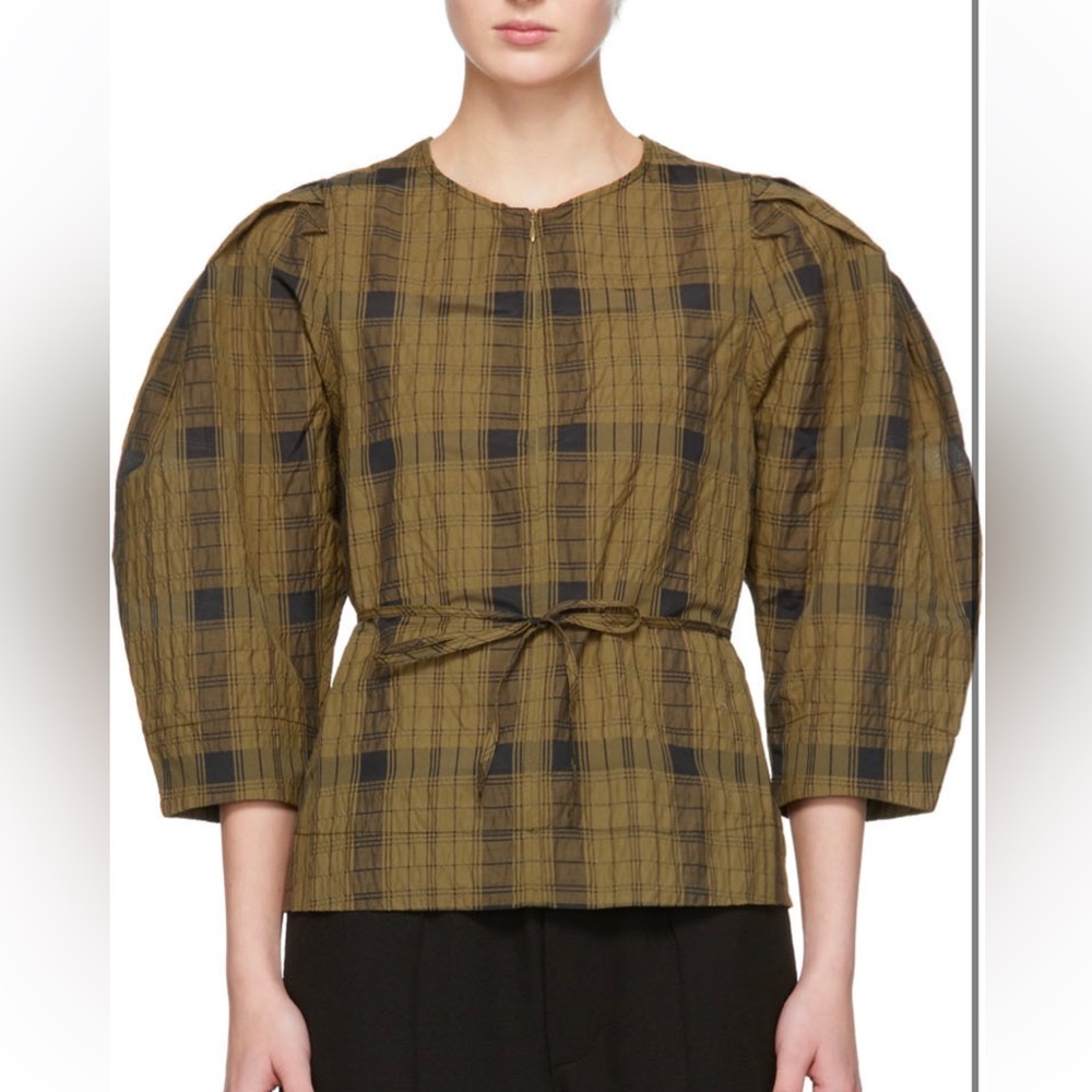 GANNI Green Seersucker Check & Ruffle Blouse